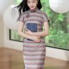 A beige base color with zigzag stripes in red. blue and brown|Modern one-Pieces Qipao Dress(倾黛) - Thumbnail Image 9