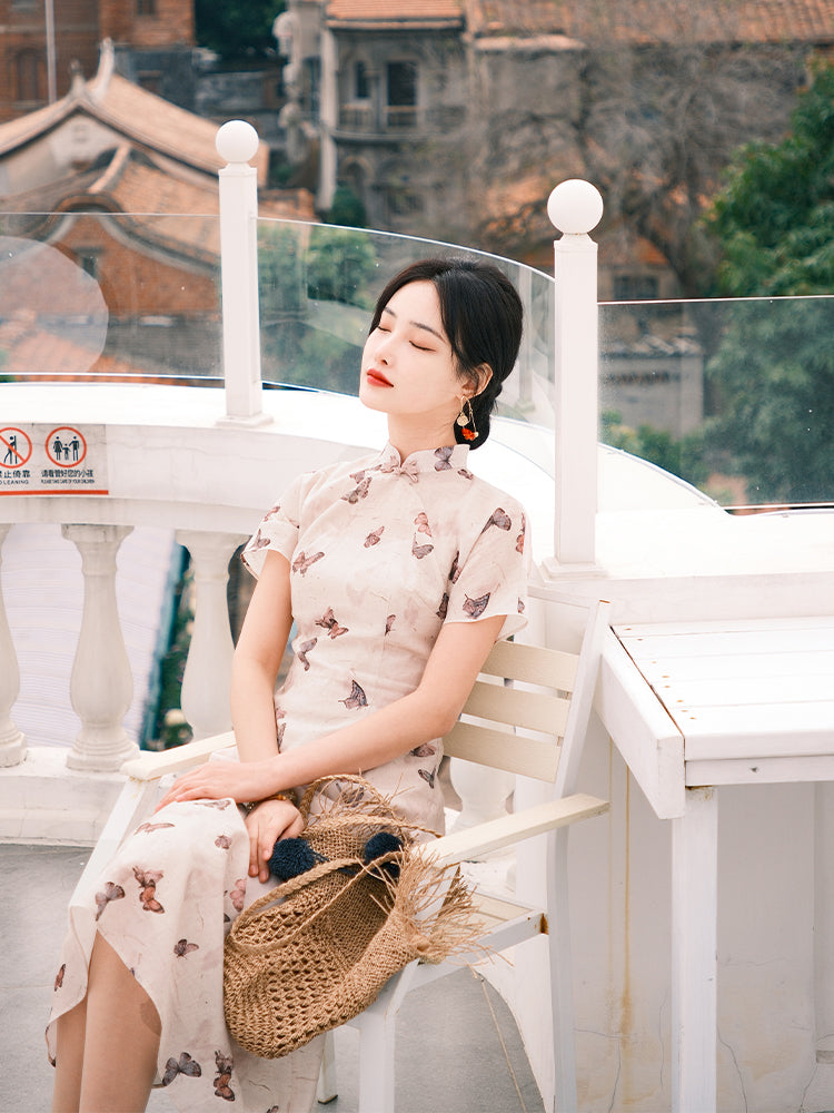 Warm Apricot Round-Collar A-Line | Qipao Dress(蝶戏) - Image 9
