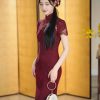 Burgundy Lace Embroidery | Modern one-Pieces Qipao Dress(绯颜) - Thumbnail Image 9