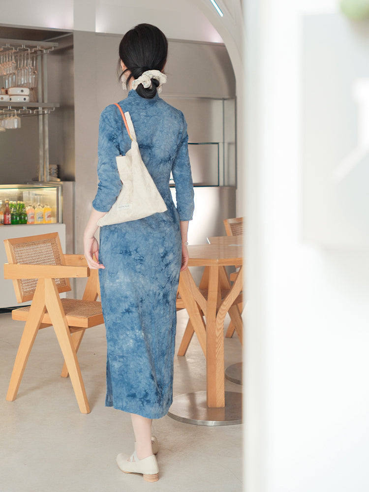Indigo Cotton-Linen Tie-Dye | Modern one-Pieces Qipao Dress(清宇) - Image 3
