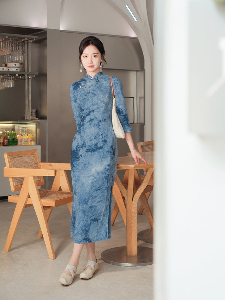 Indigo Cotton-Linen Tie-Dye | Modern one-Pieces Qipao Dress(清宇) - Image 1