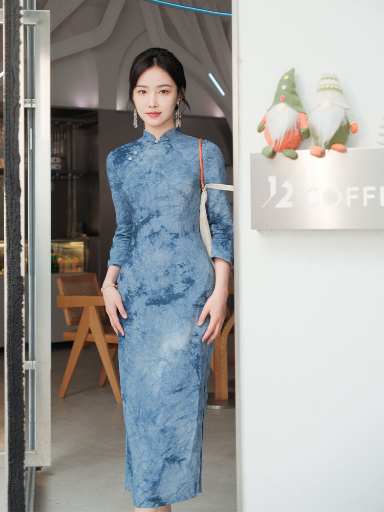 Indigo Cotton-Linen Tie-Dye | Modern one-Pieces Qipao Dress(清宇) - Image 2