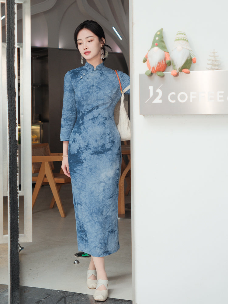 Indigo Cotton-Linen Tie-Dye | Modern one-Pieces Qipao Dress(清宇) - Image 4