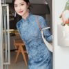 Indigo Cotton-Linen Tie-Dye | Modern one-Pieces Qipao Dress(清宇) - Thumbnail Image 5