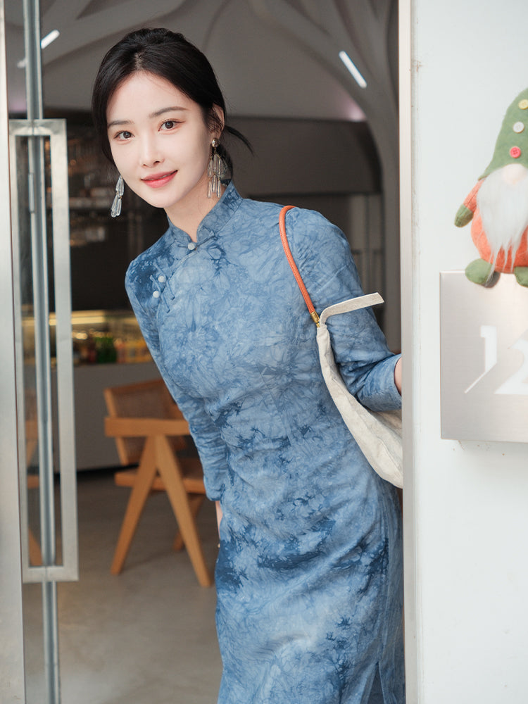 Indigo Cotton-Linen Tie-Dye | Modern one-Pieces Qipao Dress(清宇) - Image 5