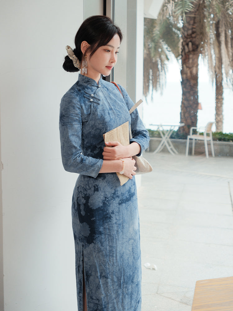 Indigo Cotton-Linen Tie-Dye | Modern one-Pieces Qipao Dress(清宇) - Image 6