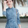 Indigo Cotton-Linen Tie-Dye | Modern one-Pieces Qipao Dress(清宇) - Thumbnail Image 7