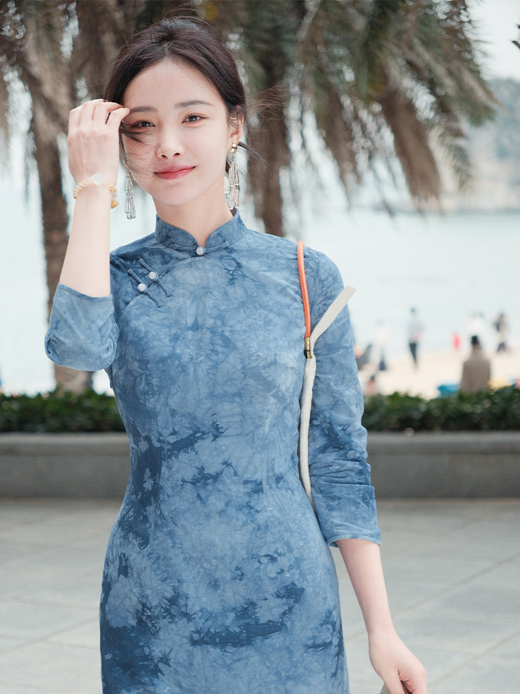 Indigo Cotton-Linen Tie-Dye | Modern one-Pieces Qipao Dress(清宇) - Image 7