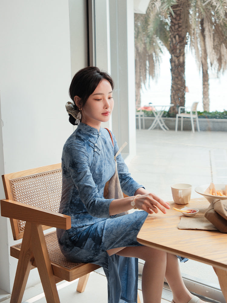 Indigo Cotton-Linen Tie-Dye | Modern one-Pieces Qipao Dress(清宇) - Image 8