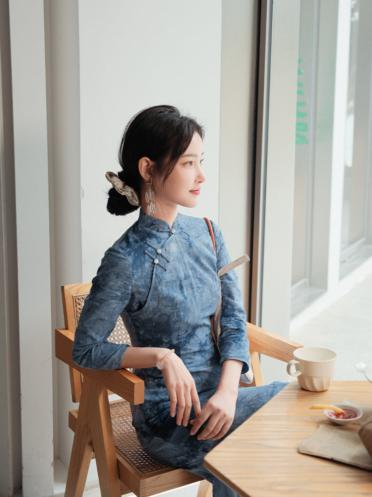 Indigo Cotton-Linen Tie-Dye | Modern one-Pieces Qipao Dress(清宇) - Image 9