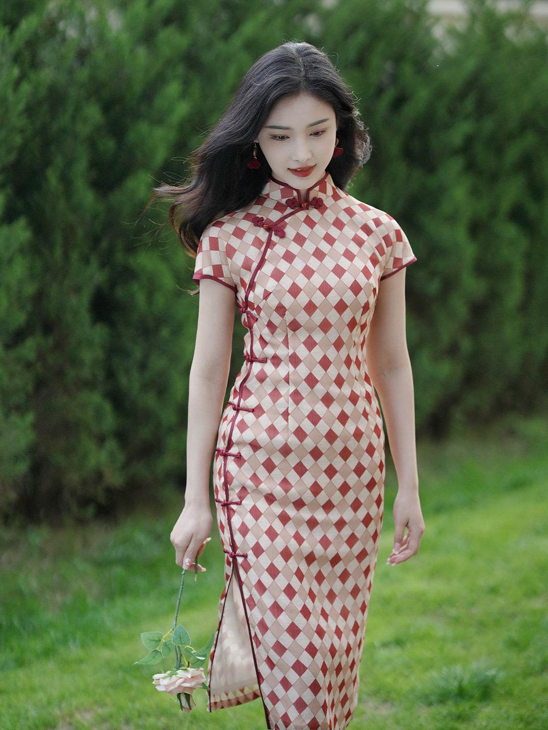 Apricot Geometric Diamond Pattern| Modern one-Pieces Qipao Dress(方仪) - Image 1