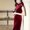 Deep Wine Crushed Velvet| Modern one-Pieces Qipao Dress(静沐) - Thumbnail Image 4