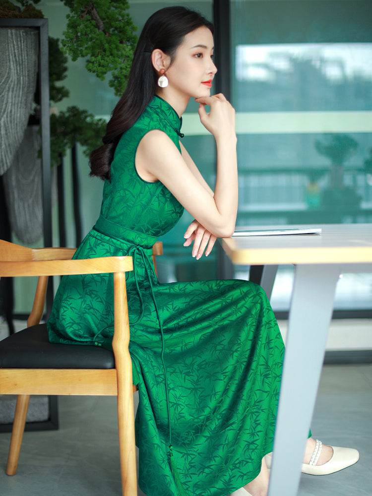 Couture-grade emerald acetate twill | Full-length flared skirt(雀华) - Image 1