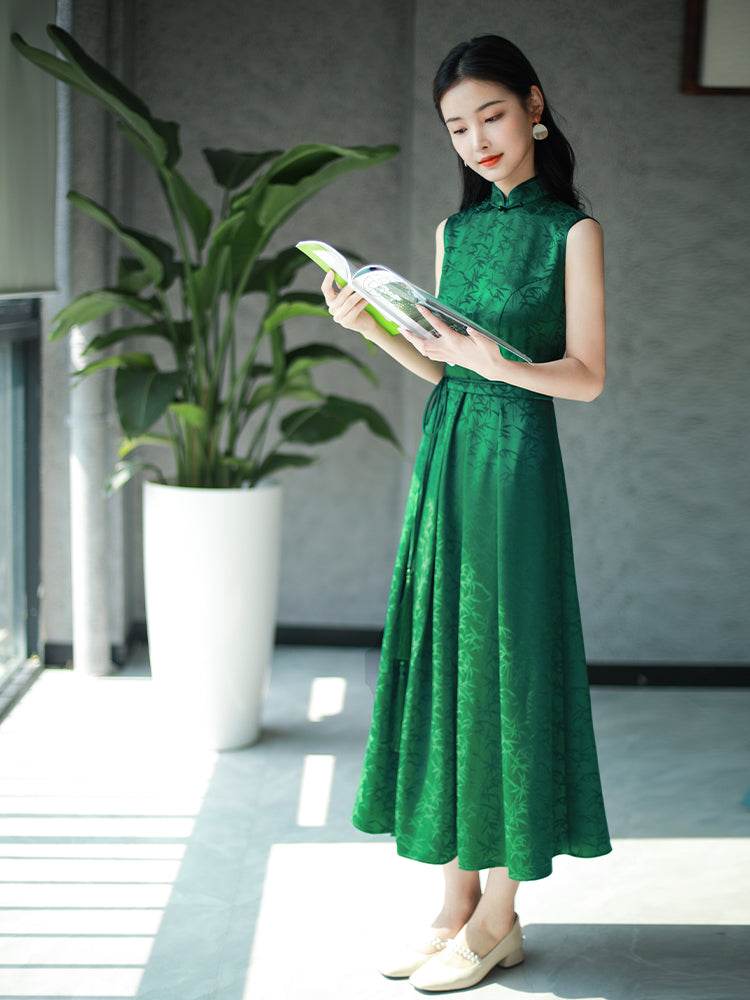 Couture-grade emerald acetate twill | Full-length flared skirt(雀华) - Image 3