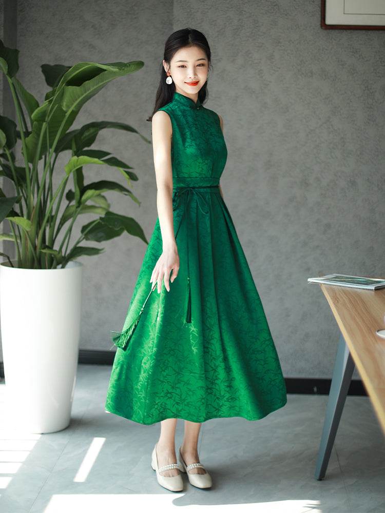 Couture-grade emerald acetate twill | Full-length flared skirt(雀华) - Image 4