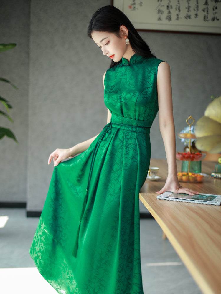 Couture-grade emerald acetate twill | Full-length flared skirt(雀华) - Image 5