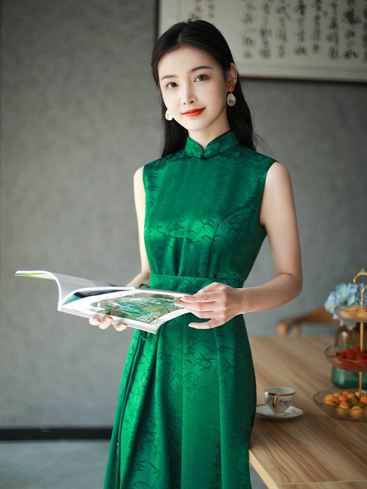 Couture-grade emerald acetate twill | Full-length flared skirt(雀华) - Image 6