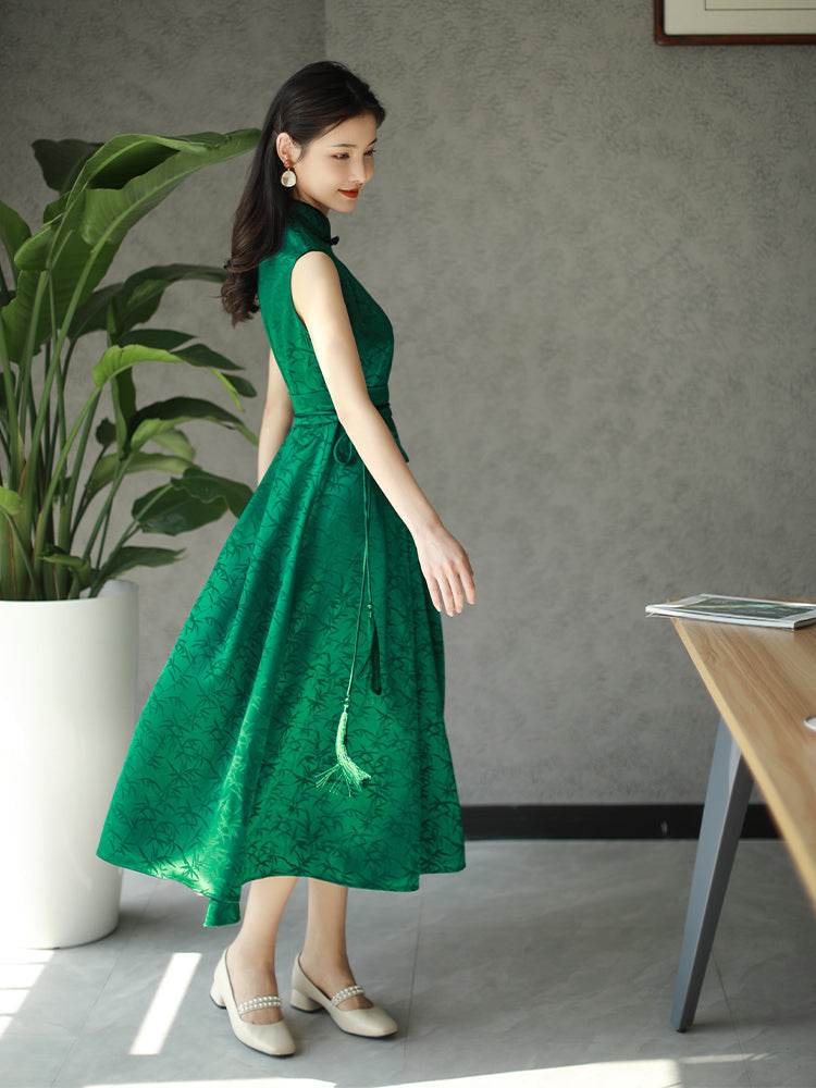 Couture-grade emerald acetate twill | Full-length flared skirt(雀华) - Image 8