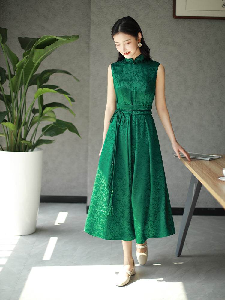 Couture-grade emerald acetate twill | Full-length flared skirt(雀华) - Image 9