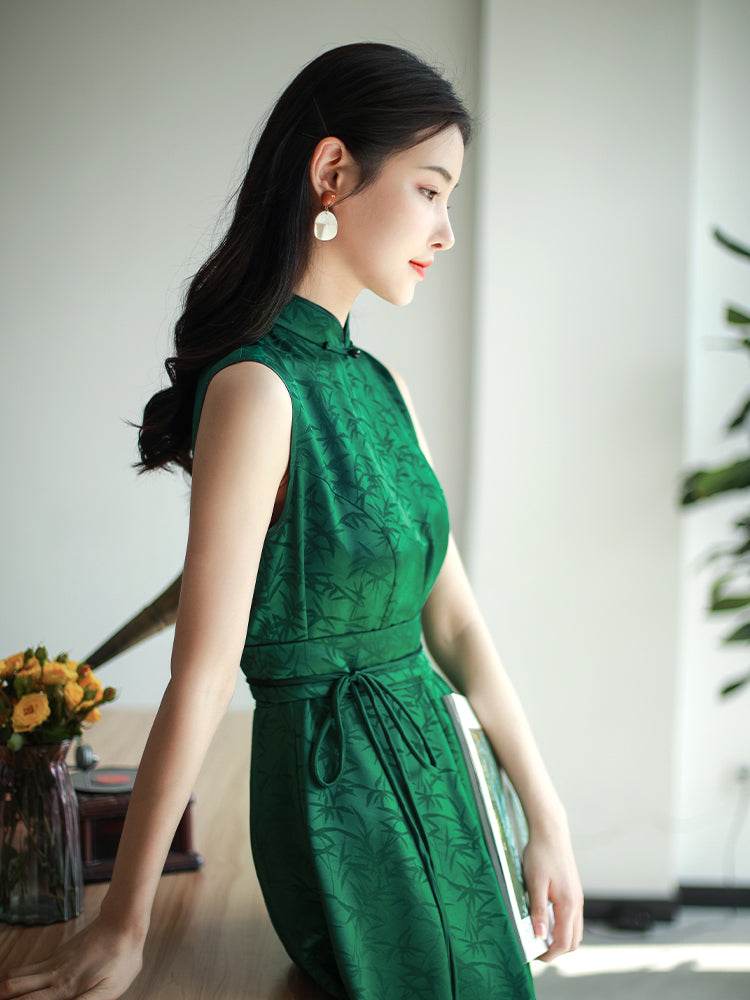 Couture-grade emerald acetate twill | Full-length flared skirt(雀华) - Image 10