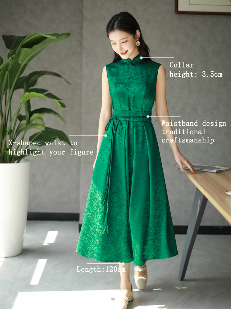 Couture-grade emerald acetate twill | Full-length flared skirt(雀华) - Image 2