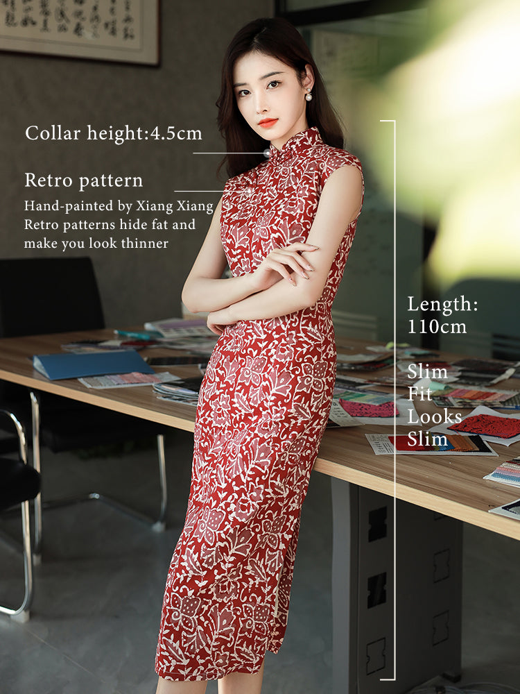 Pompeian Red Lobelia pattern| Modern one-Pieces Qipao Dress(龙葵) - Image 2