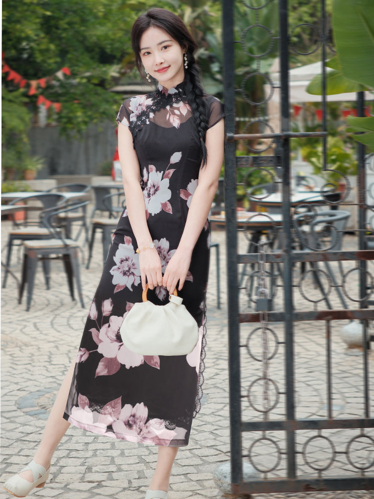 Black Printed Chiffon  | Modern one-Pieces Qipao Dress (楚黛) - Image 1