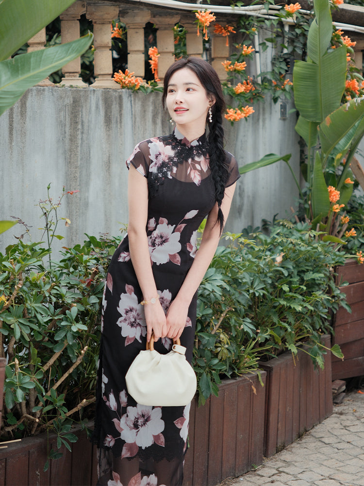 Black Printed Chiffon  | Modern one-Pieces Qipao Dress (楚黛) - Image 2