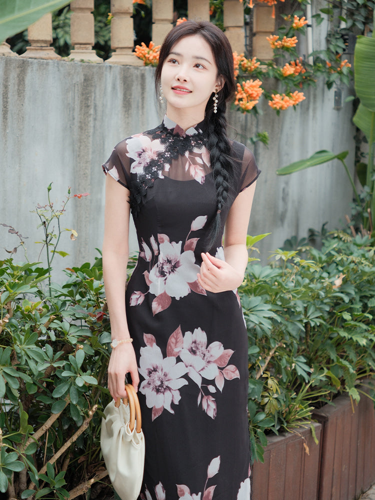 Black Printed Chiffon  | Modern one-Pieces Qipao Dress (楚黛) - Image 3
