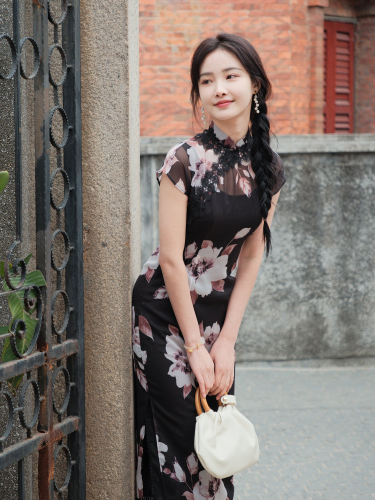 Black Printed Chiffon  | Modern one-Pieces Qipao Dress (楚黛) - Image 6