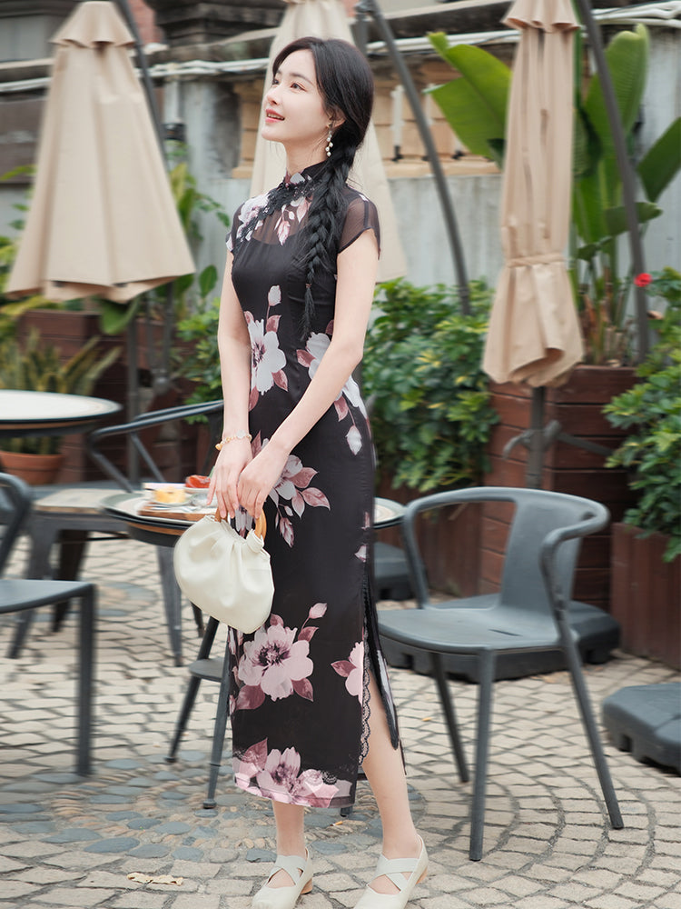 Black Printed Chiffon  | Modern one-Pieces Qipao Dress (楚黛) - Image 7