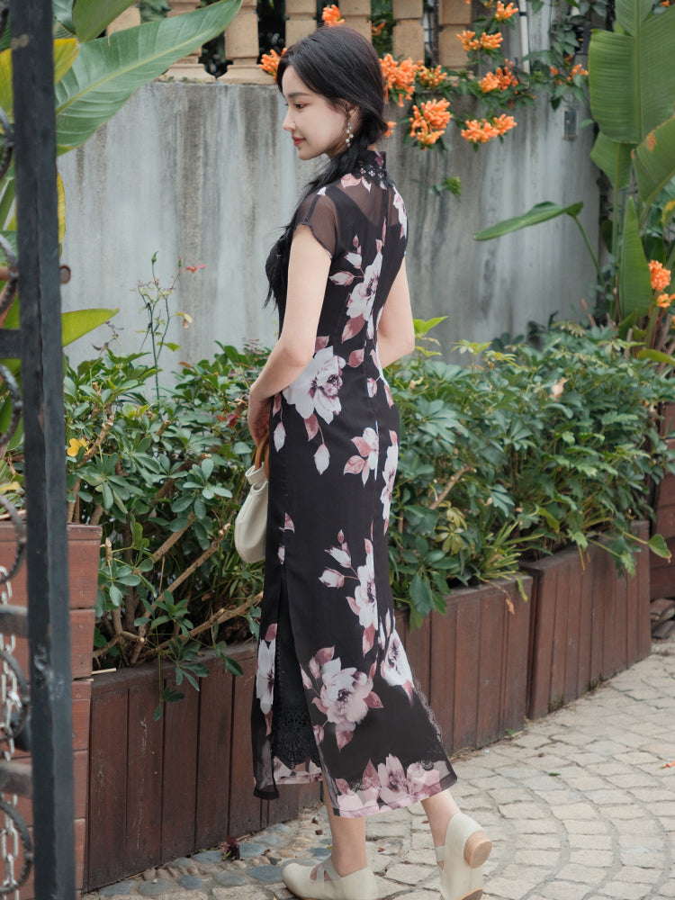 Black Printed Chiffon  | Modern one-Pieces Qipao Dress (楚黛) - Image 8