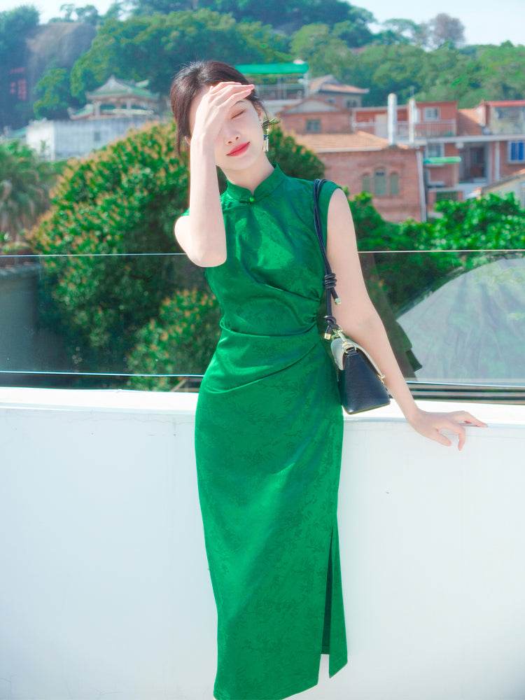 Green acetate jacquard fabric| Modern one-Pieces Qipao Dress(翠微) - Image 3
