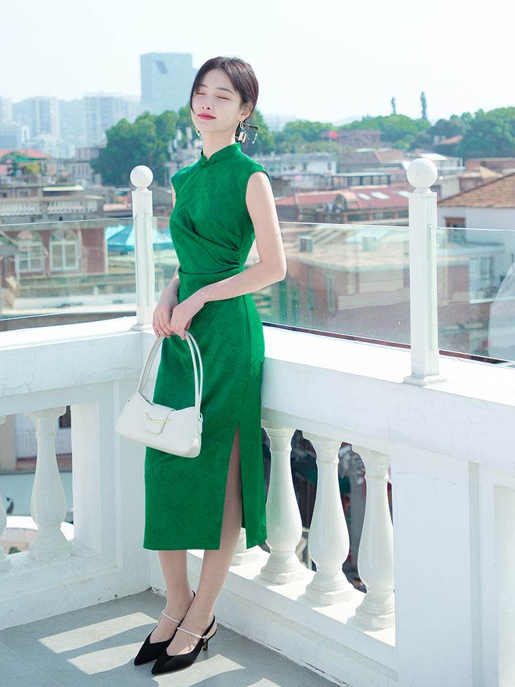 Green acetate jacquard fabric| Modern one-Pieces Qipao Dress(翠微) - Image 7