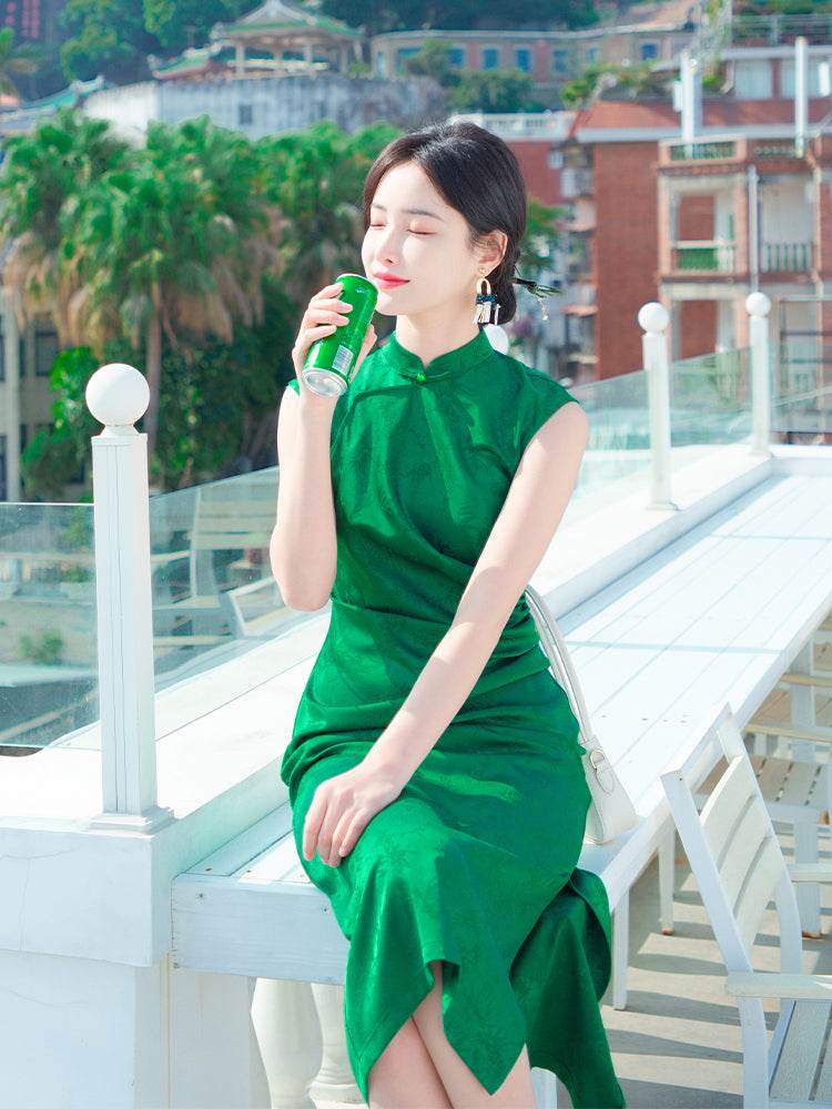 Green acetate jacquard fabric| Modern one-Pieces Qipao Dress(翠微) - Image 6