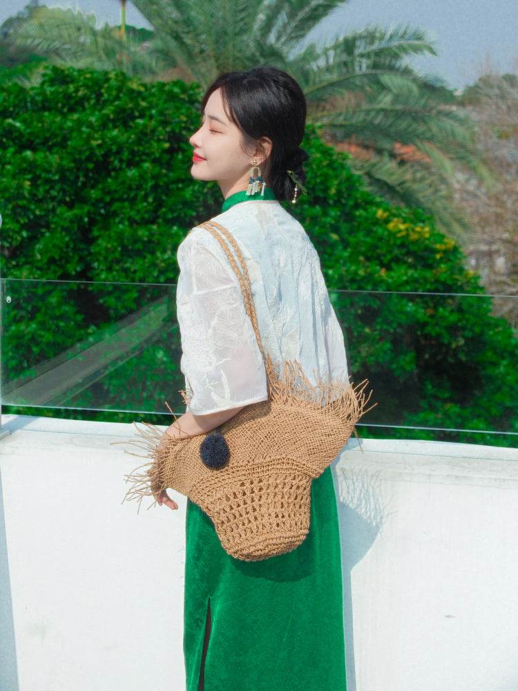 Green acetate jacquard fabric| Modern one-Pieces Qipao Dress(翠微) - Image 5