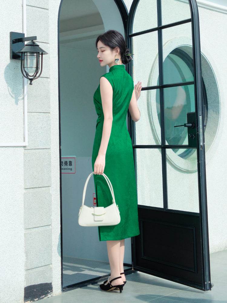 Green acetate jacquard fabric| Modern one-Pieces Qipao Dress(翠微) - Image 12