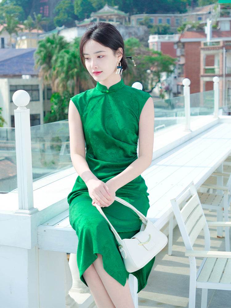 Green acetate jacquard fabric| Modern one-Pieces Qipao Dress(翠微) - Image 1