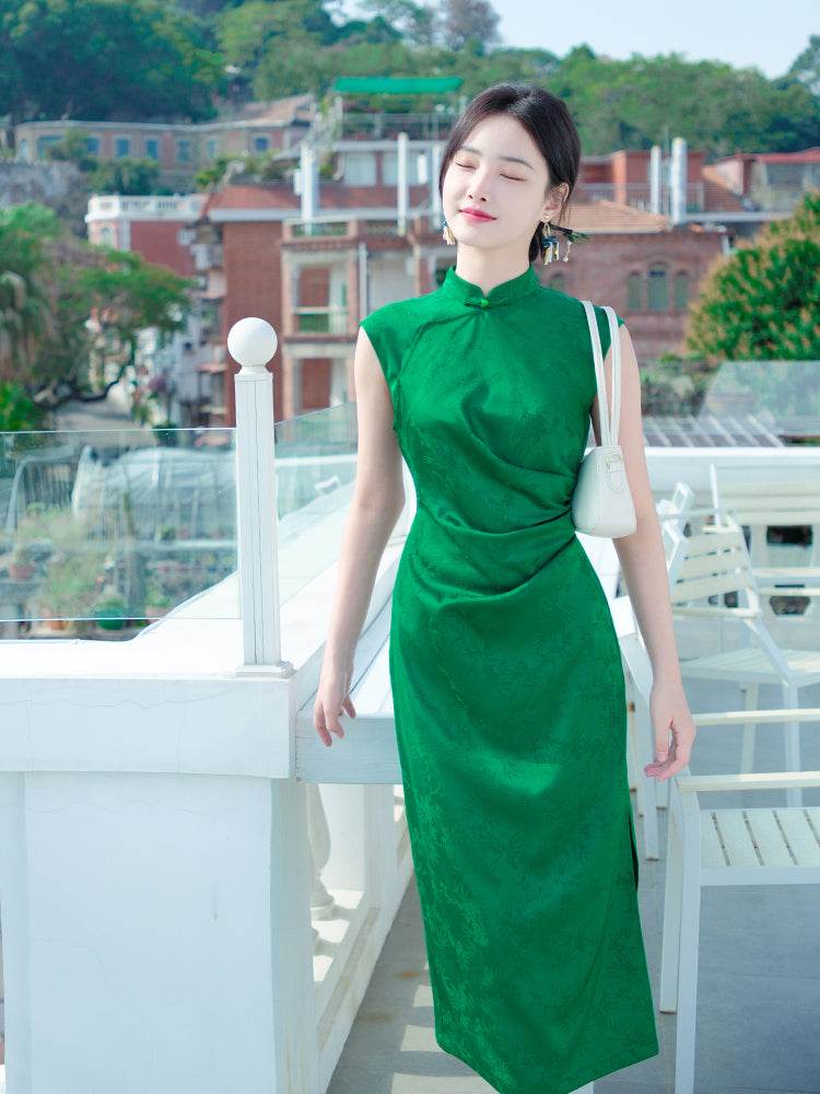 Green acetate jacquard fabric| Modern one-Pieces Qipao Dress(翠微) - Image 11
