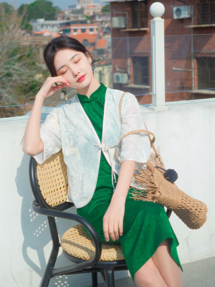 Green acetate jacquard fabric| Modern one-Pieces Qipao Dress(翠微) - Image 8