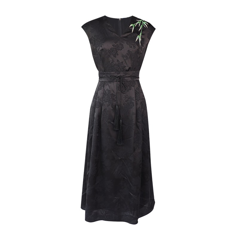 Ink and Black Embroidered Jacquard | Waist-Cinched Neo-Chinese Dresses (竹灵) - Image 10