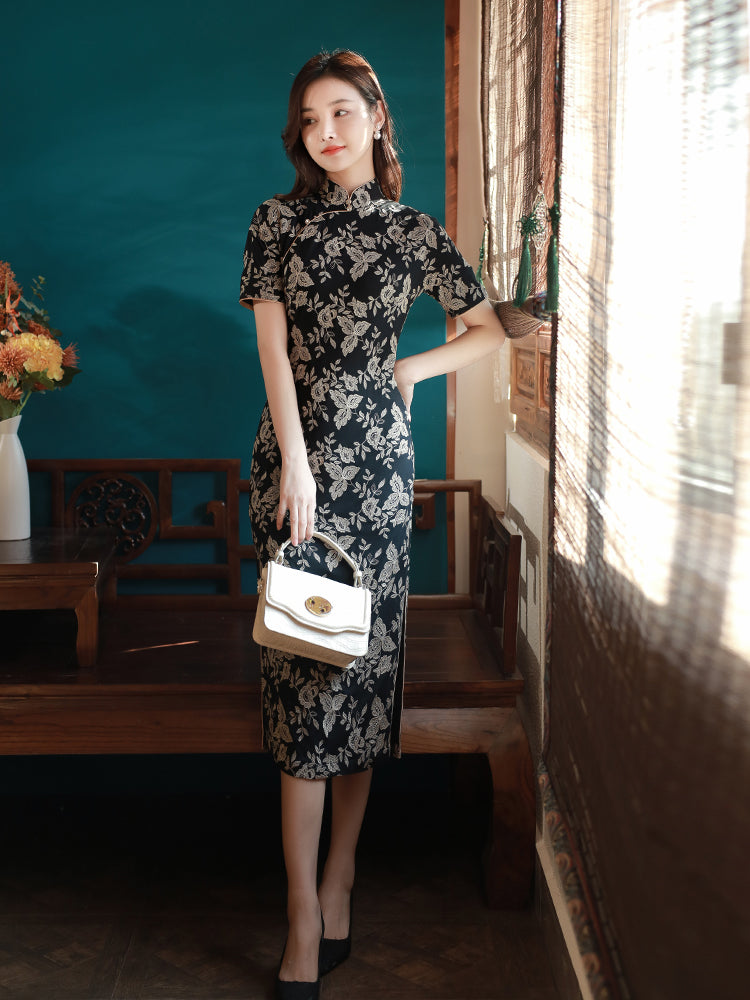 Literary Black - Stretch Knit with Scholarly Elegance | Modern one-Pieces Qipao Dress (芳辰) - Image 1