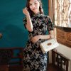 Literary Black - Stretch Knit with Scholarly Elegance | Modern one-Pieces Qipao Dress (芳辰) - Thumbnail Image 2