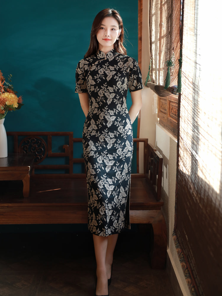 Literary Black - Stretch Knit with Scholarly Elegance | Modern one-Pieces Qipao Dress (芳辰) - Image 3