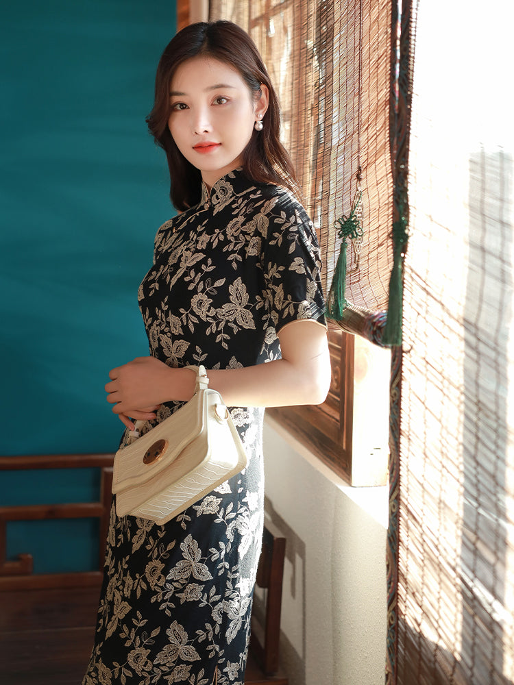Literary Black - Stretch Knit with Scholarly Elegance | Modern one-Pieces Qipao Dress (芳辰) - Image 6