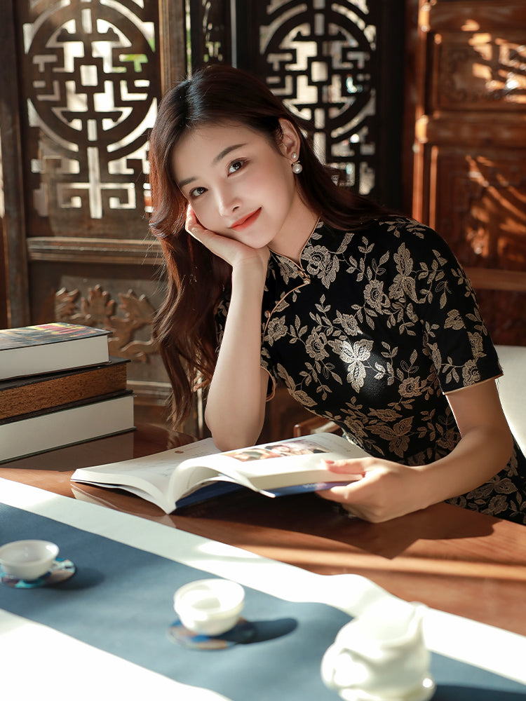 Literary Black - Stretch Knit with Scholarly Elegance | Modern one-Pieces Qipao Dress (芳辰) - Image 7