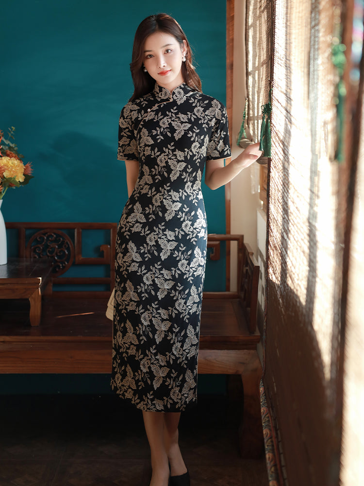 Literary Black - Stretch Knit with Scholarly Elegance | Modern one-Pieces Qipao Dress (芳辰) - Image 9