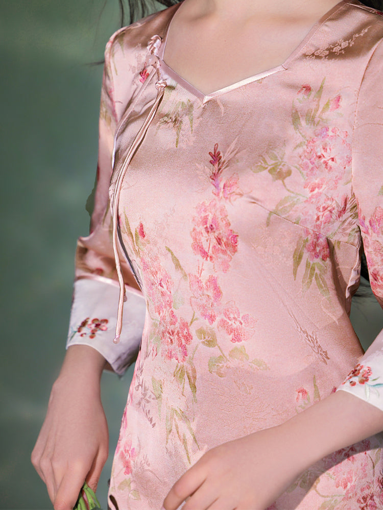 Jade-Pink Jinling Satin Kitten Chasing Butterflies | Modern one-Pieces Qipao Dress(芳妍) - Image 7