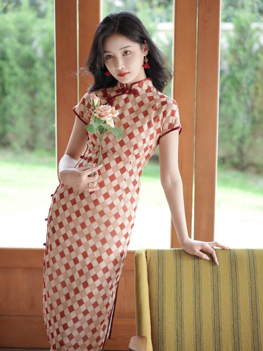 Apricot Geometric Diamond Pattern| Modern one-Pieces Qipao Dress(方仪) - Image 3