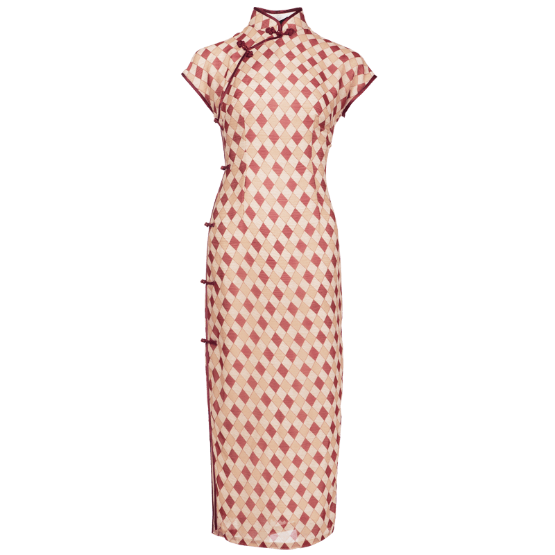 Apricot Geometric Diamond Pattern| Modern one-Pieces Qipao Dress(方仪) - Image 9